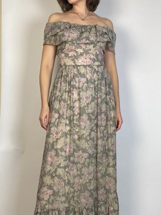 Vintage 1970s DREAMY Striped FLORAL Gown -- Small - Picture 6 of 10